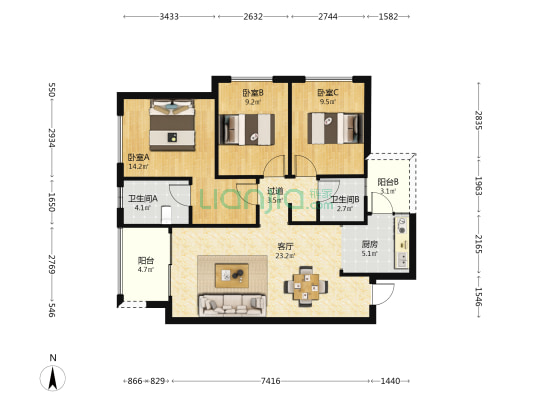 金茂观山湖B区(博樾) 3室1厅2卫 97平方