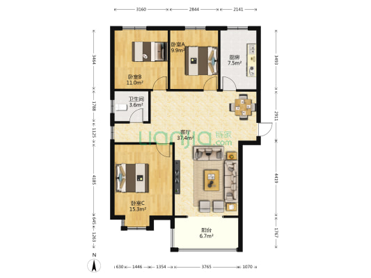 弘佳花园 3室1厅1卫 121平方