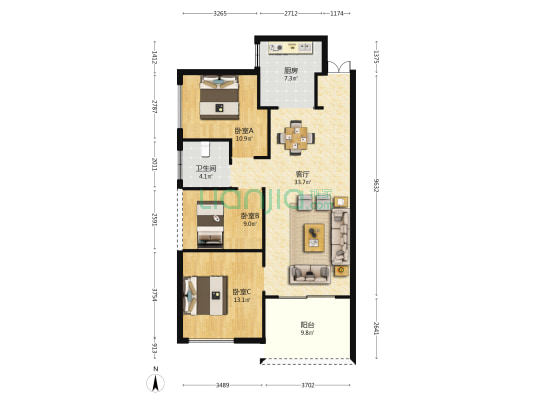 湘核汇金府 3室1厅1卫 98平方