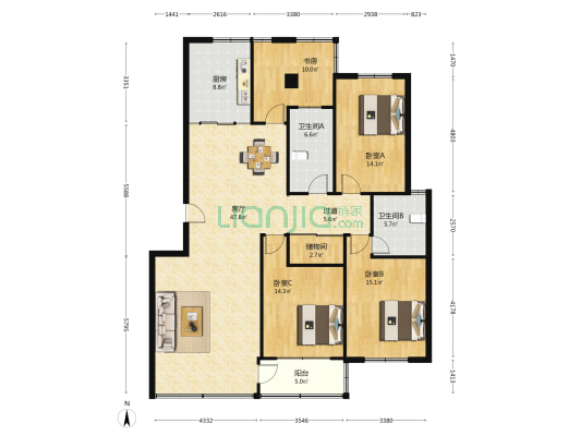 紫金路3号 4室1厅2卫 159平方