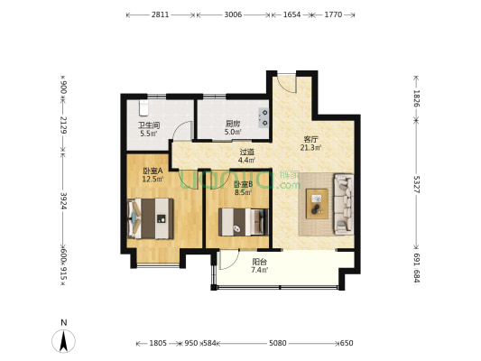 空港澜庭B区 2室1厅1卫 88平方