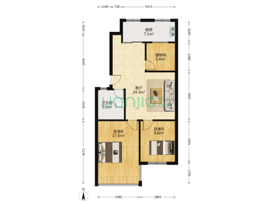 紫樱小区 2室1厅1卫 91平方