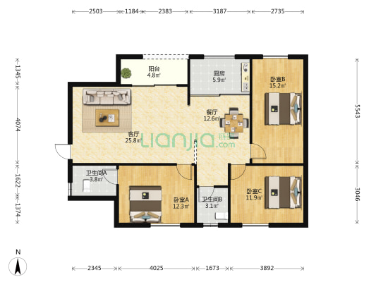 新大地公寓 3室2厅2卫 120平方