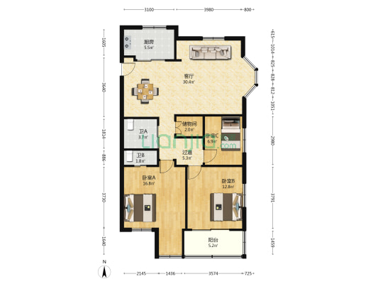 金康园 3室1厅2卫 103平方