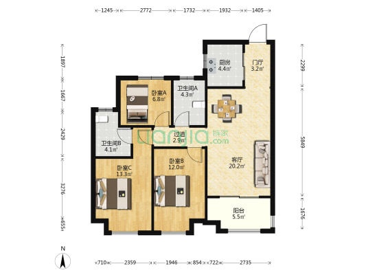 环球100宝龙城 3室1厅2卫 105平方
