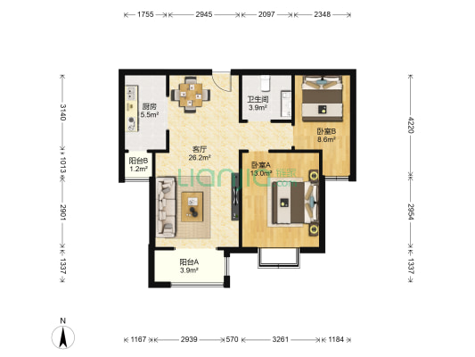 天华园 2室1厅1卫 91平方