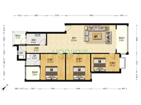 紫金苑 3室1厅2卫 121平方