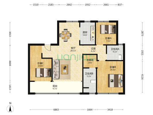 中建云境 3室1厅2卫 128平方