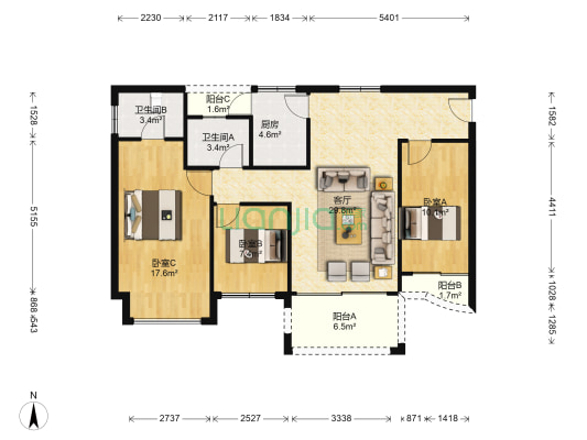 康桥花地 3室1厅2卫 91平方