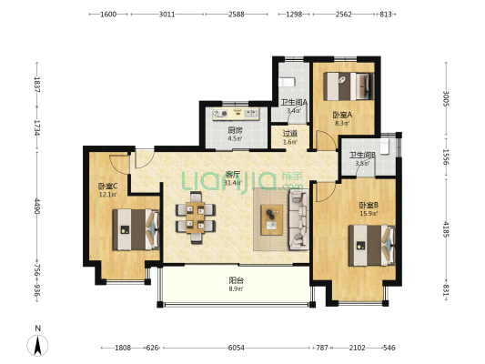 华侨城运河湾B区 3室1厅2卫 119平方