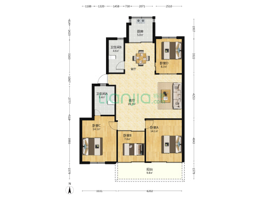 人民检察院单位宿舍 4室1厅2卫 127平方