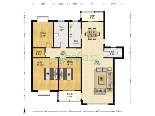文苑小区 3室1厅2卫 129平方