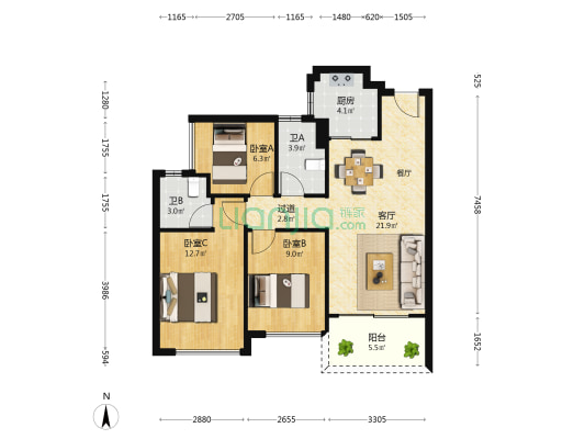 宝嘉誉峰 3室1厅2卫 88平方