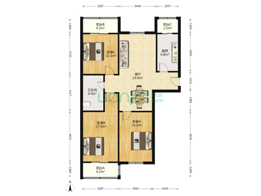 谊厚公寓 3室1厅1卫 120平方