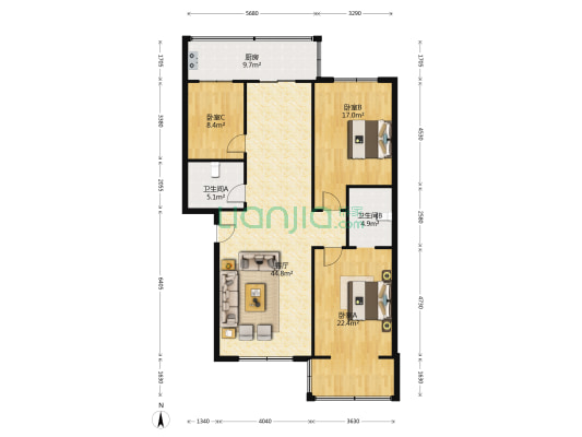 阳光花园 3室1厅2卫 133平方