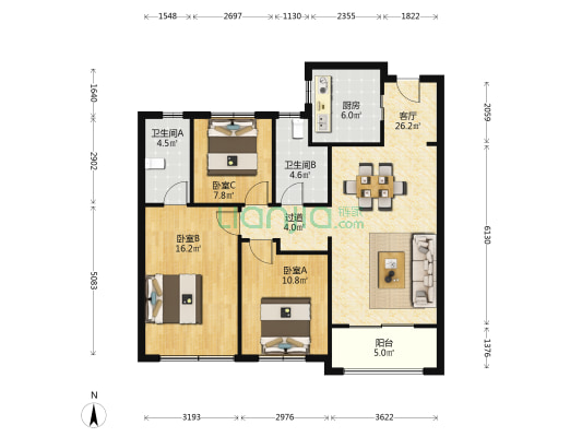秦望府北一区 3室1厅2卫 109平方