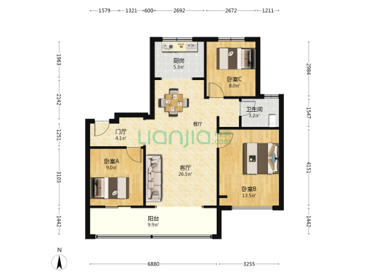 美的新希望昆仑一品 3室1厅1卫 110平方