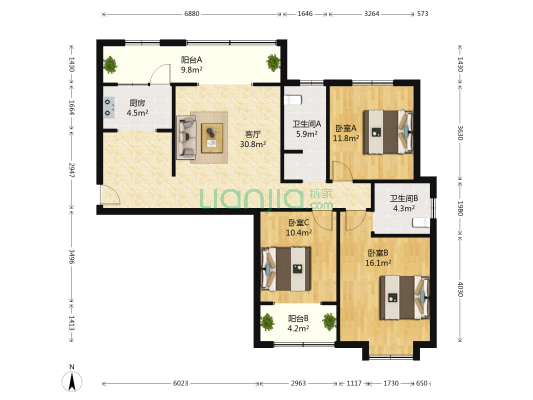 汇侨城 3室1厅2卫 124平方