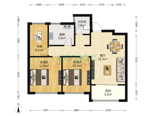 嘉宝梦之晨 3室1厅1卫 90平方