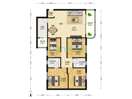 金帝花园 4室1厅2卫 118平方