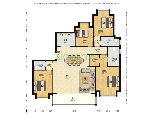 绿地西水东隽荟 4室1厅3卫 194平方