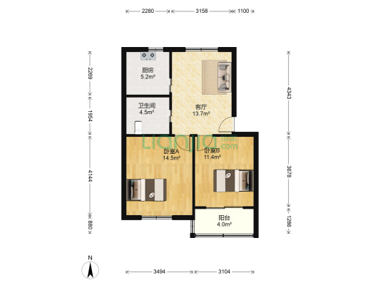镇电新村 2室1厅1卫 64平方