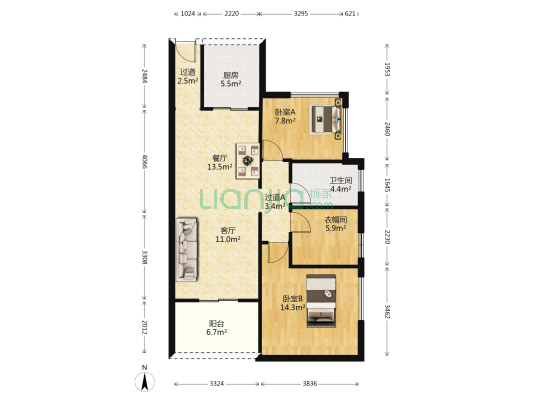 二月天花园 2室2厅1卫 79平方