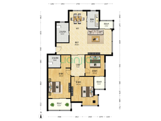 三景花园 3室1厅2卫 135平方
