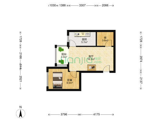 学府青年城 1室1厅0卫 54平方