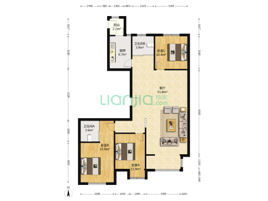 君地天城 3室1厅2卫 149平方