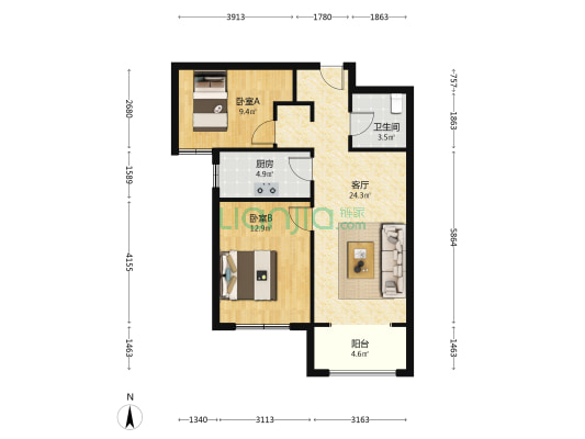 牛津花园 朝南两居 采光视野无遮挡 毛坯-户型图