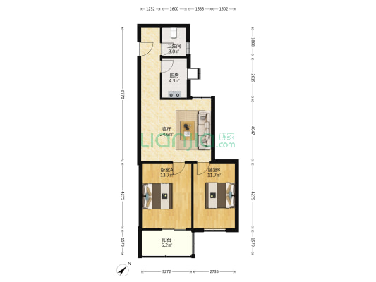 余家头村 2室1厅1卫 76平方
