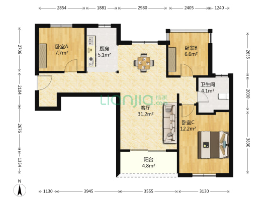 意谐缤虹星城 3室1厅1卫 89平方