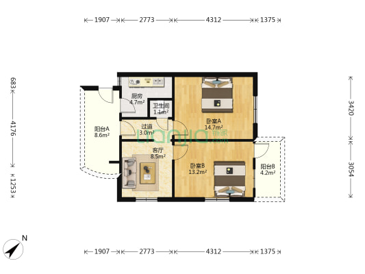 成勘大院 2室1厅1卫 61平方