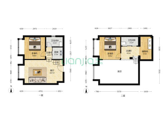 银河中心 2室1厅2卫 61平方