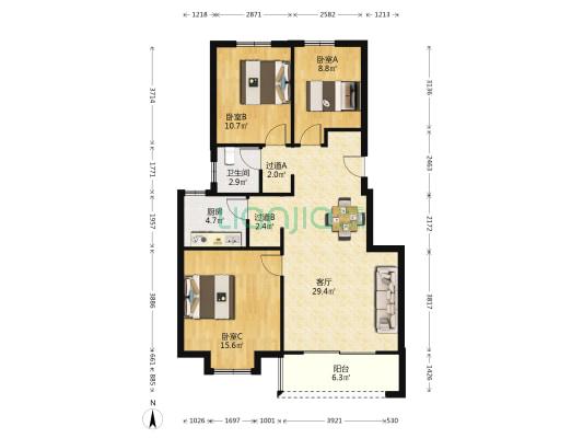 香塘府 3室1厅1卫 105平方