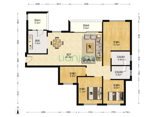 三里花城 4室1厅2卫 133平方