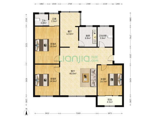 德钢小区 3室2厅2卫 142平方