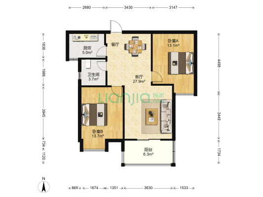 景明花园 2室1厅1卫 83平方