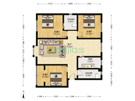 幸康苑 3室1厅2卫 107平方