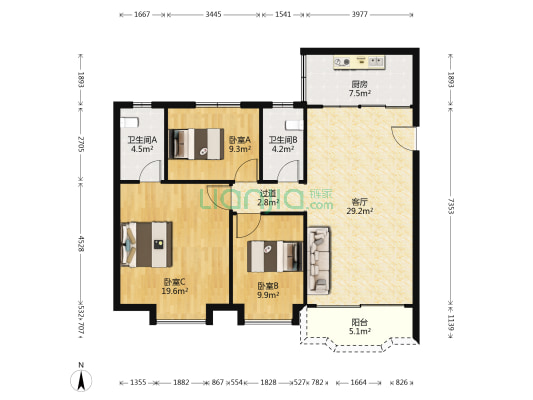 南源花园 3室1厅2卫 98平方