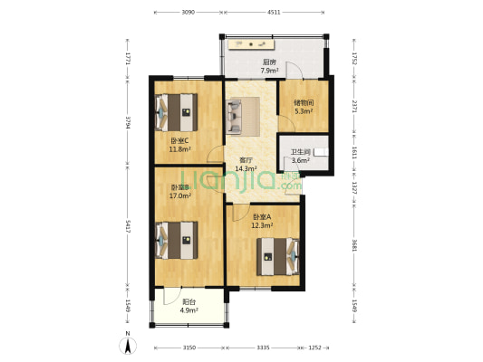 桃源路34号 3室1厅1卫 88平方