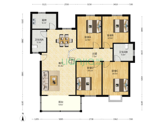 学府花苑 4室1厅2卫 147平方