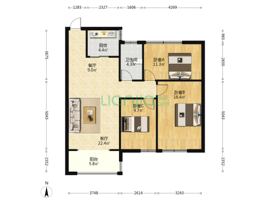坤禧天安世家 3室2厅1卫 108平方