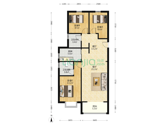中铁诺德城南湖观邸 3室2厅2卫 120平方