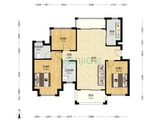 珑禧花园 3室1厅2卫 104平方