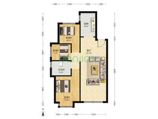 恒大林溪郡 3室1厅1卫 108平方