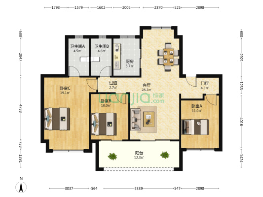 骏园 3室1厅2卫 125平方