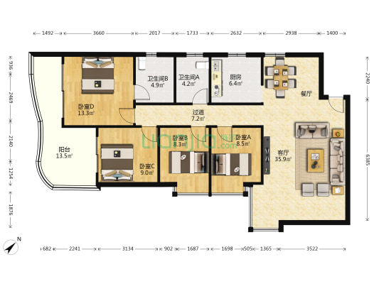 钰海名门 4室1厅2卫 133平方