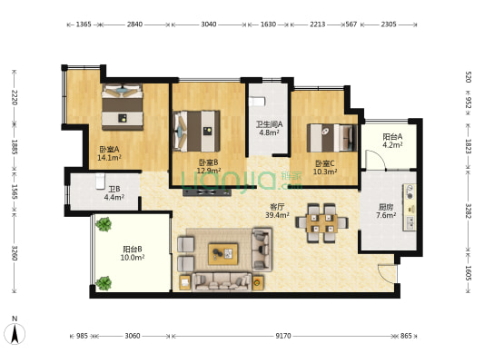 江湾城6期 标准3居室 户型方正  采光好-户型图